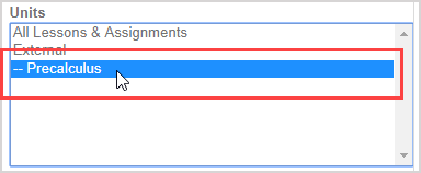 Available units are listed in the "Units" list in the "Select Lessons & Assignments" pane.